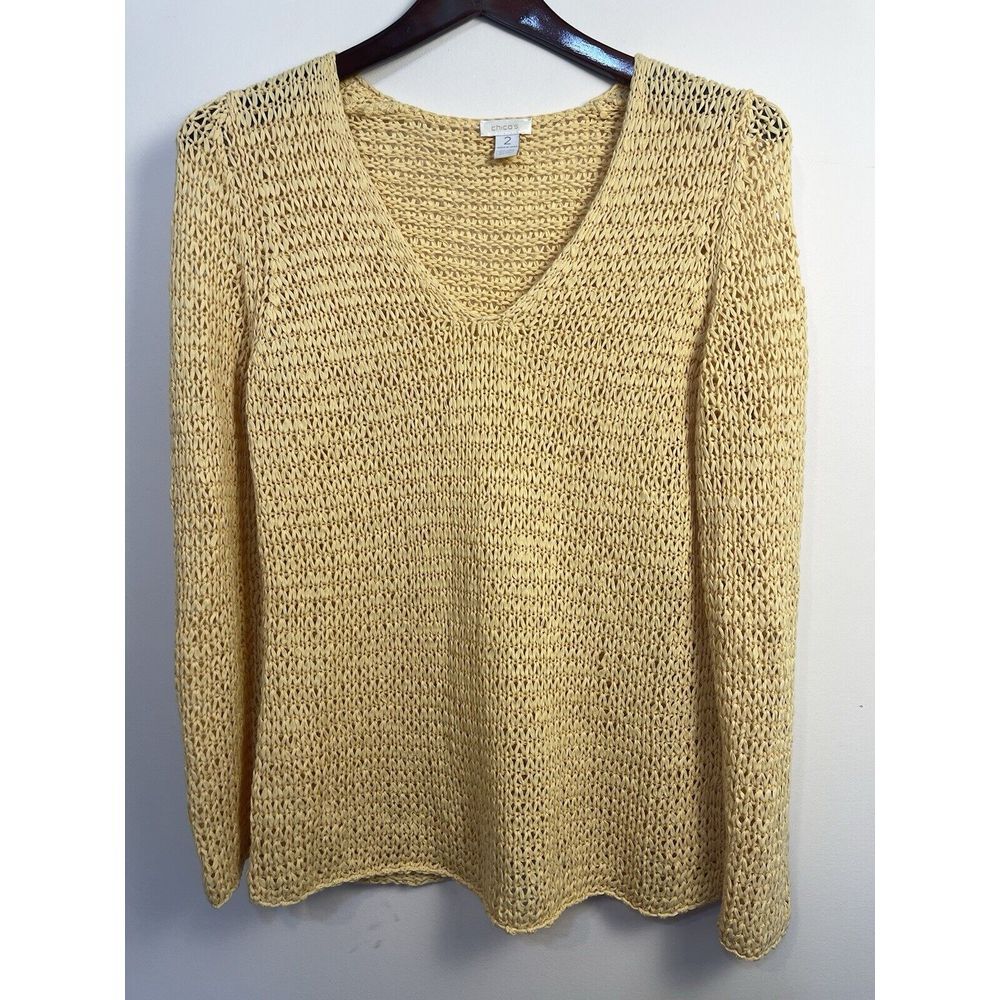 Chicos Women's Sweater Pullover Butter Yellow Open Weave Size 2/L/12 Vneck‎
